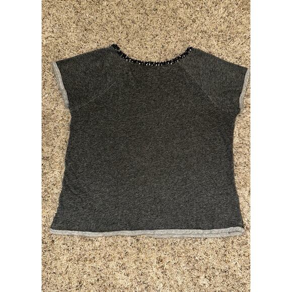 LOFT Gray French Terry Short Sleeve Top Small Beaded Embellished Neckline - Picture 2 of 8